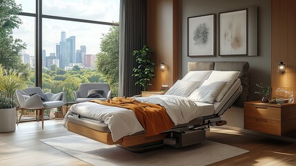 empty adjustable bed in room in private modern hospital