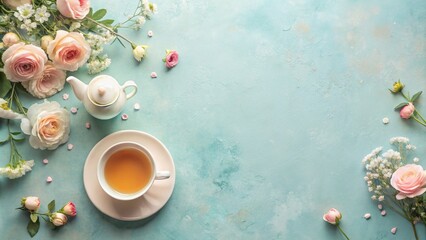 Teacup and Flowers on Blue Background