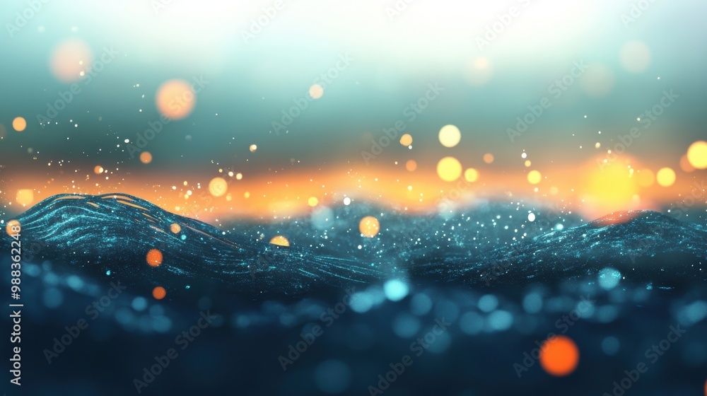 Poster graceful waves in a muted palette blend harmoniously with gentle bokeh lights, evoking a serene and 