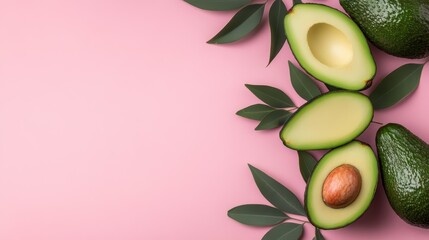 Fresh Green Avocados on a Soft Pink Surface
