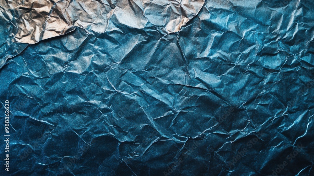 Poster the metallic texture features crumpled patterns and soft blue hues, highlighting the interplay of li
