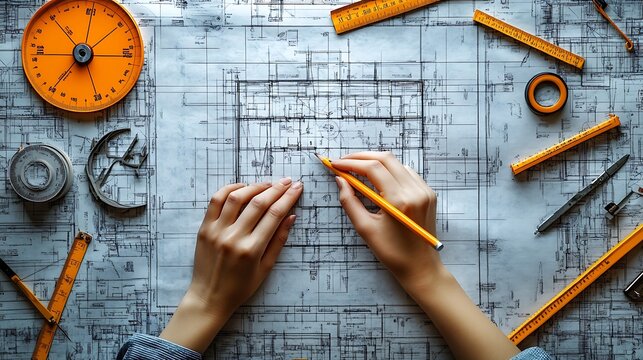 Detailed shot of hands making annotations on a blueprint with a pencil, surrounded by architectural tools like a protractor, tape measure, and eraser