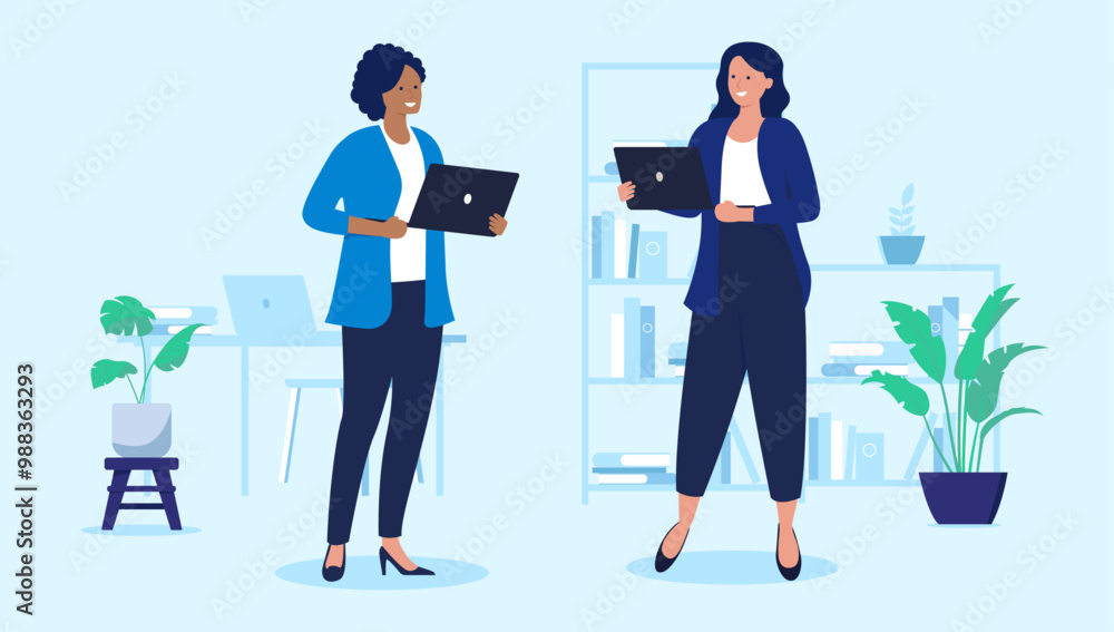 Aufkleber Two women with laptops - Female vector characters standing holding computers in office work setting, smiling and talking together. Flat design illustration with light blue background