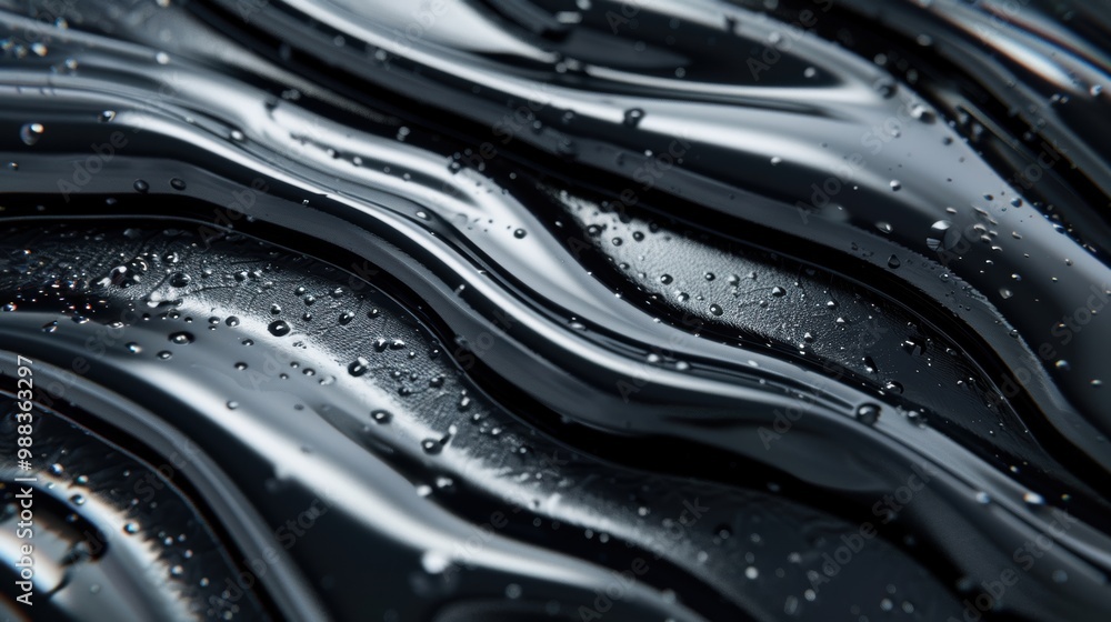 Poster the surface features dark, flowing liquid waves with droplets, creating a captivating and textured v