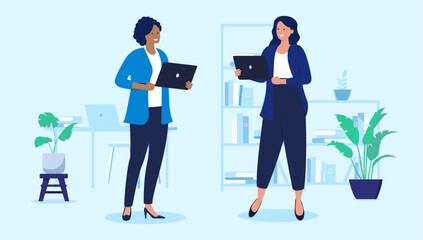 Two women with laptops - Female vector characters standing holding computers in office work setting, smiling and talking together. Flat design illustration with light blue background