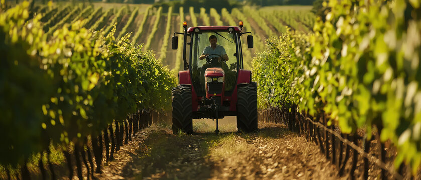 A farmer operates a tractor in a lush vineyard, surrounded by rows of grapevines under a sunny sky, capturing the essence of agriculture.