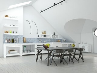 Minimalist white kitchen and natural light.