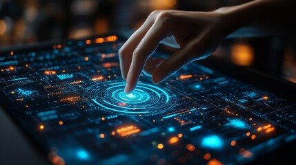 Naklejka premium Digital analytics data visualization. Big data. Network connection. Artificial intelligence technology. Digital tech. Hand typing, gesturing. 