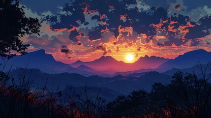 Breathtaking sunset over a mountain range, with vibrant hues of orange, pink, and purple painting the sky.