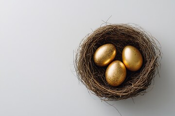 golden easter eggs in nest isolated.