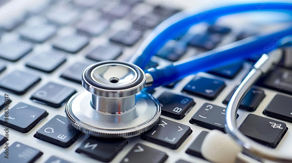 Poster close-up of a stethoscope on a computer keyboard. it symbolizes the intersection of technology and h