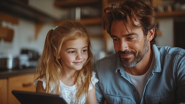 father holding smart home system tablet showing something to daughters managing features of smart home adjusting lighting cameras door locks thermostat or heating settings