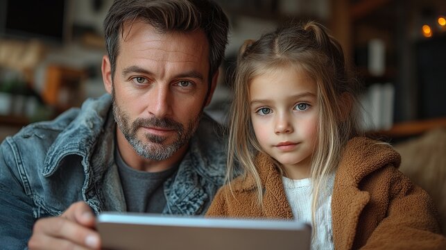 father holding smart home system tablet showing something to daughter managing features of smart home adjusting lighting cameras door locks thermostat or heating settings