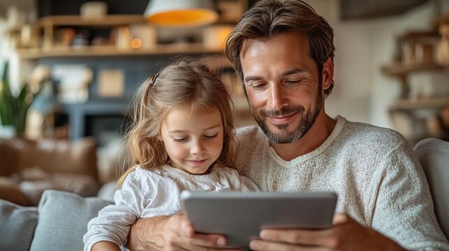 father holding smart home system tablet showing something to daughters managing features of smart home adjusting lighting cameras door locks thermostat or heating settings