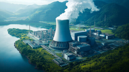 A cutting-edge small modular nuclear reactor (SMR) surrounded by lush green trees and a water reservoir, representing modern, clean energy solutions.