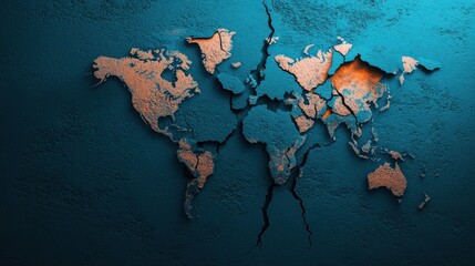 A cracked, textured map of the world in vibrant colors showcasing geographical features creatively.