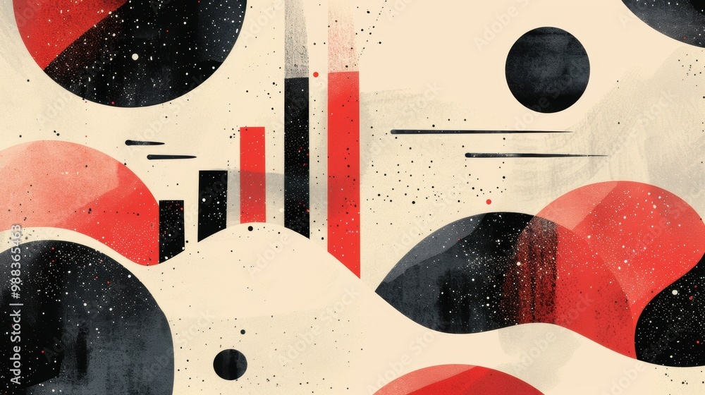 Poster explore a captivating geometric abstract design featuring bold black and red shapes interacting with