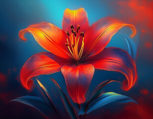 Obraz premium Red Lily Flower In Full Bloom Illustration
