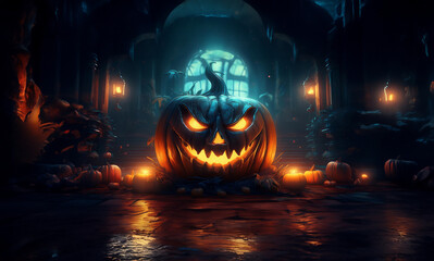 Fototapeta premium Halloween pumpkin lantern, glowing in the dark, in a scary spooky haunted house