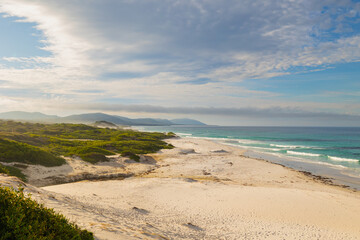 Panoramic views across white sandy Friendly Beaches in Tasmania, Australia