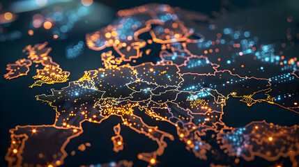 dynamic digital world map emphasize Western Europe continental for AI powered global network connectivity big data transfer cyber technology network information exchange and telecommunication