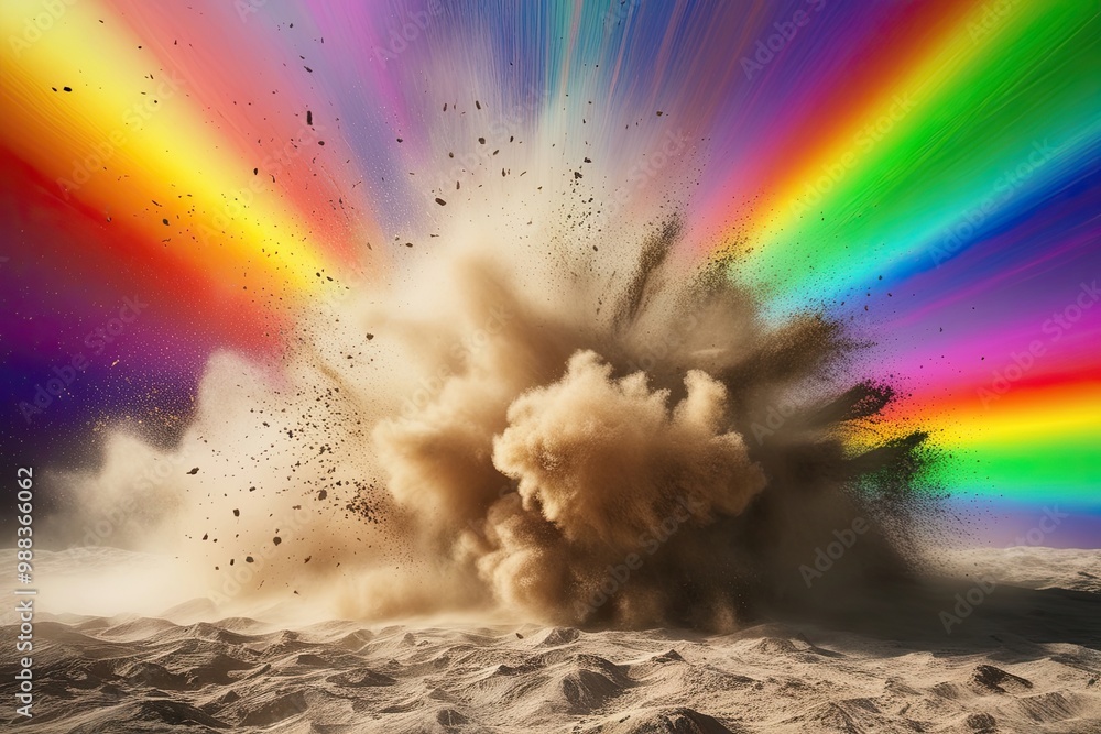 Poster vibrant dusty chaotic setting with radiant gradient rainbow colors and dynamic noise pattern