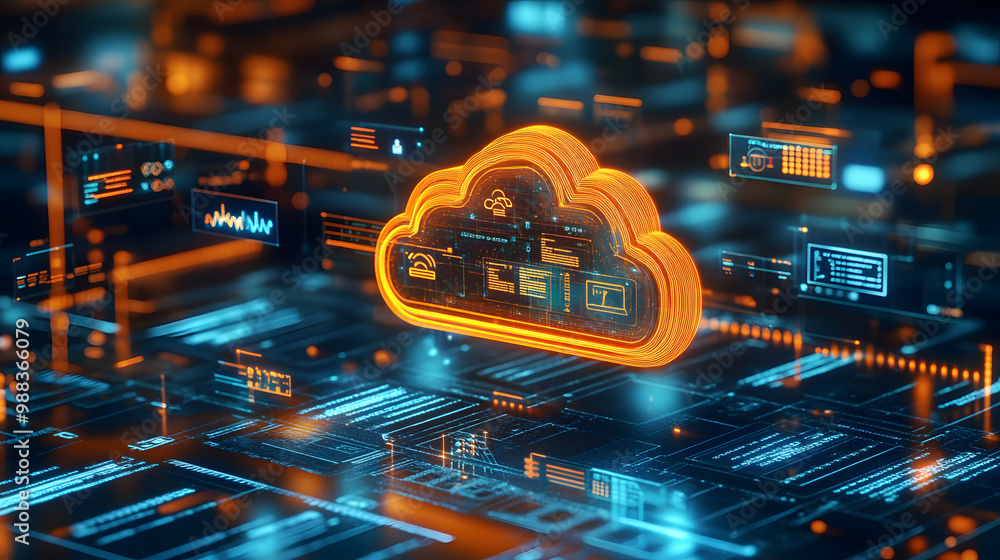 Poster conceptual representation of cloud computing cost efficiency with a cloud symbol, price tags, and pa