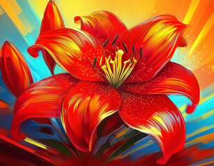 Obraz premium Red Lily Flower In Full Bloom Illustration