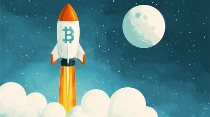 Bitcoin rocket blasting into space towards the moon digital illustration.