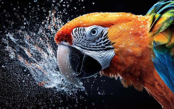 3D parrot head with flowing rainbow feathers, tiny snowflake-shaped glass scales, water droplets at the tips, bright colors, watercolor splash background, soft mist, highly detailed