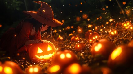 Anime-style witch with glowing pumpkins, full body, dark background, night setting, Japanese cartoon style, high resolution, soft lighting, simple illustration