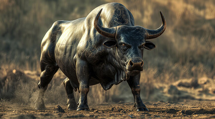 An angry bull is depicted engaging in trading activities with a computer. The concept revolves around the bull market in both traditional stock markets and the cryptocurrency. Generative AI.