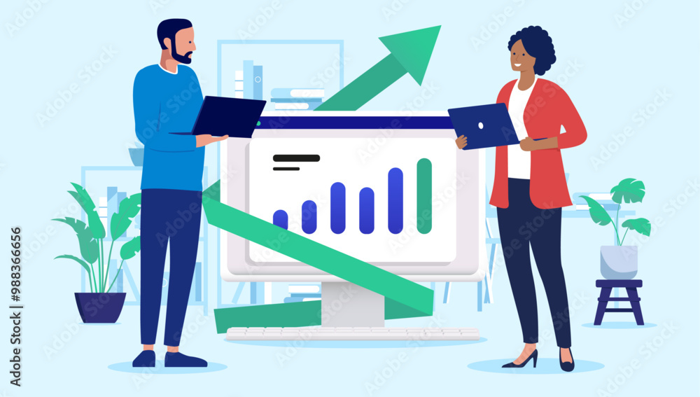 Poster successful small business - two people, man and woman looking at rising chart and graph on computer 
