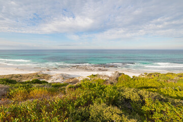 Panoramic views across white sandy Friendly Beaches in Tasmania, Australia