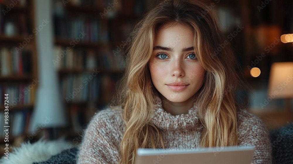 Poster female student drinking coffee, studying for final exam at university beautiful student at home