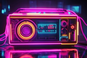 Vibrant neon lights illuminating an old-school boombox, creating dynamic and energetic visual effects for a retro-themed music video background