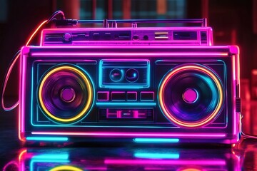 Vibrant neon lights illuminating an old-school boombox, creating dynamic and energetic visual effects for a retro-themed music video background