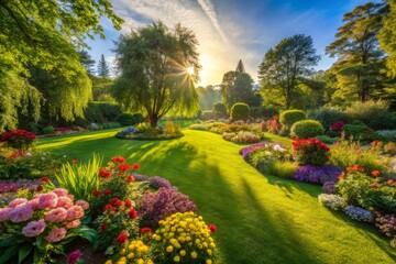 Fototapeta premium Vibrant blooms sway gently in a whimsical breeze, casting long shadows across the emerald grass.