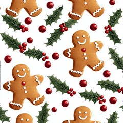 Gingerbread man, holly decorations, repeating background, Watercolor style