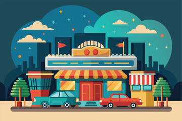 A lively drive-in movie theater features colorful cars and a welcoming marquee against a starry night sky, inviting patrons to enjoy a classic film experience.