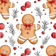 Fototapeta premium Gingerbread man, seamless pattern repeat, holiday theme, Watercolor style