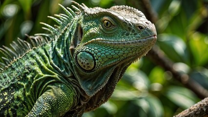 Fototapeta premium Close-up portrait of an iguana with vibrant green scales basking in natural light