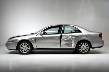 Silver sedan with noticeable dent on drivers side, white background, both views