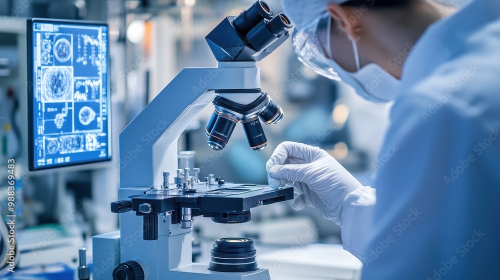Poster scientist conducting research with advanced microscope in laboratory