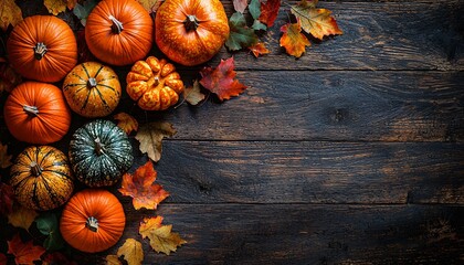 A cozy autumnal scene featuring assorted pumpkins and colorful autumn leaves on dark wood, perfect for Thanksgiving and Halloween-themed designs.