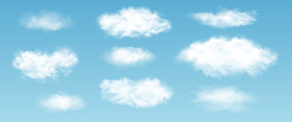 Realistic isolated cloud on transparent background. Vector set of realistic isolated fluffy cloud. Illustration of different types of cirrus and cumulus clouds. Vector.