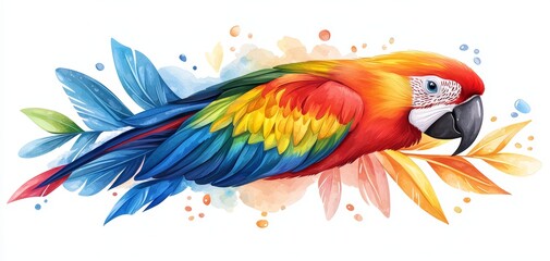 Obraz premium Realistic parrot head with vivid, long feathers flowing in rainbow hues, intricate glass-like snowflake details, water droplets on the ends, watercolor splash background, gentle mist, 3D