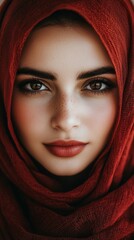 Naklejka premium A striking portrait of a woman wearing a red hijab, emphasizing her beautifully dark eyes and casual Arabic clothing. The shot is set against a light background, perfect for conveying a festive mood