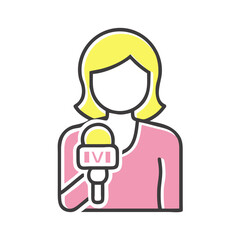 Colorful reporter icon holding a microphone for journalism and media with a vibrant design