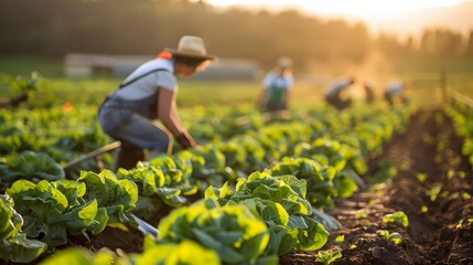 Fototapeta premium Group of farmers harvesting fresh lettuce in the early morning light.